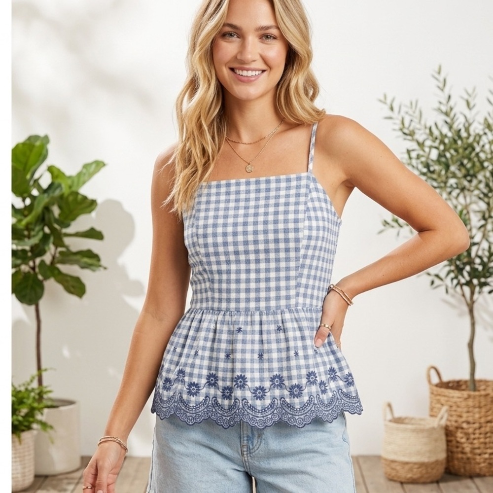 Blue Rain Gingham Embroidered Peplum Tank Top Medium